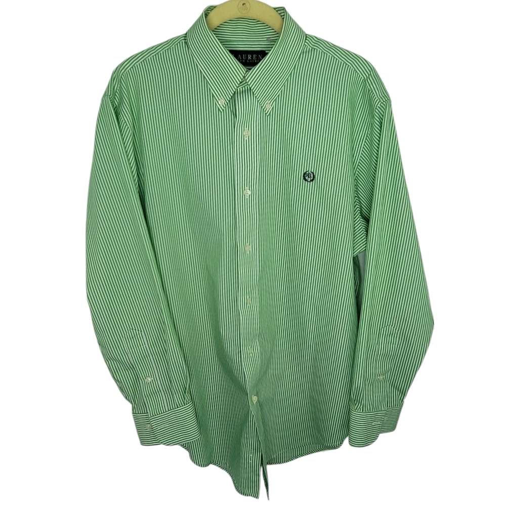 Ralph Lauren Striped Green and white Mens Classic Fit Button-Down Shirt Large